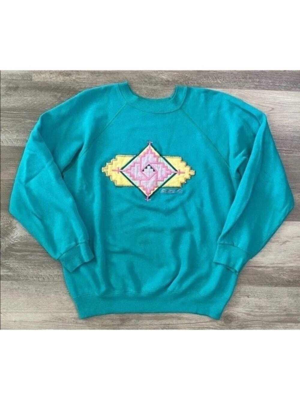 VTG Santa Fe NM Embroidered Sweatshirt Green Raglan Hanes Patch City USA Medium